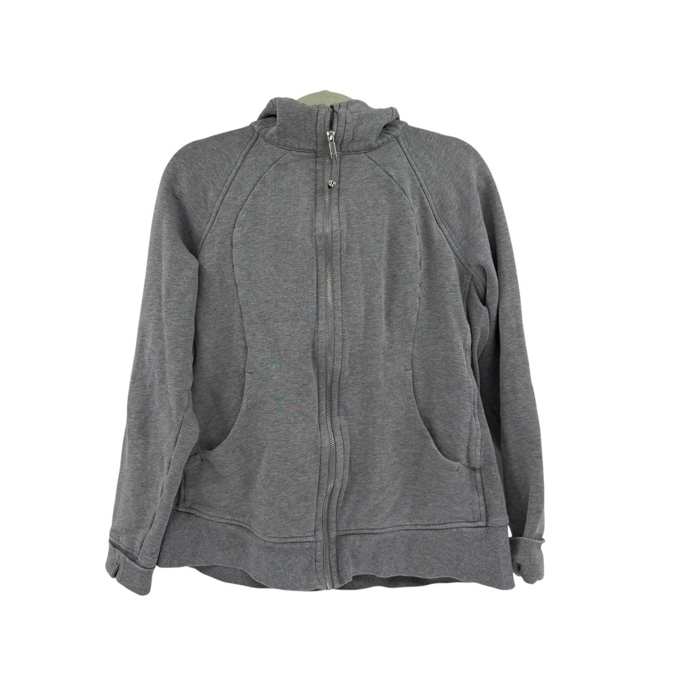 Lululemon Scuba Full Zip Hoodie Jacket Grey Retro Logo Thumbholes Size 12